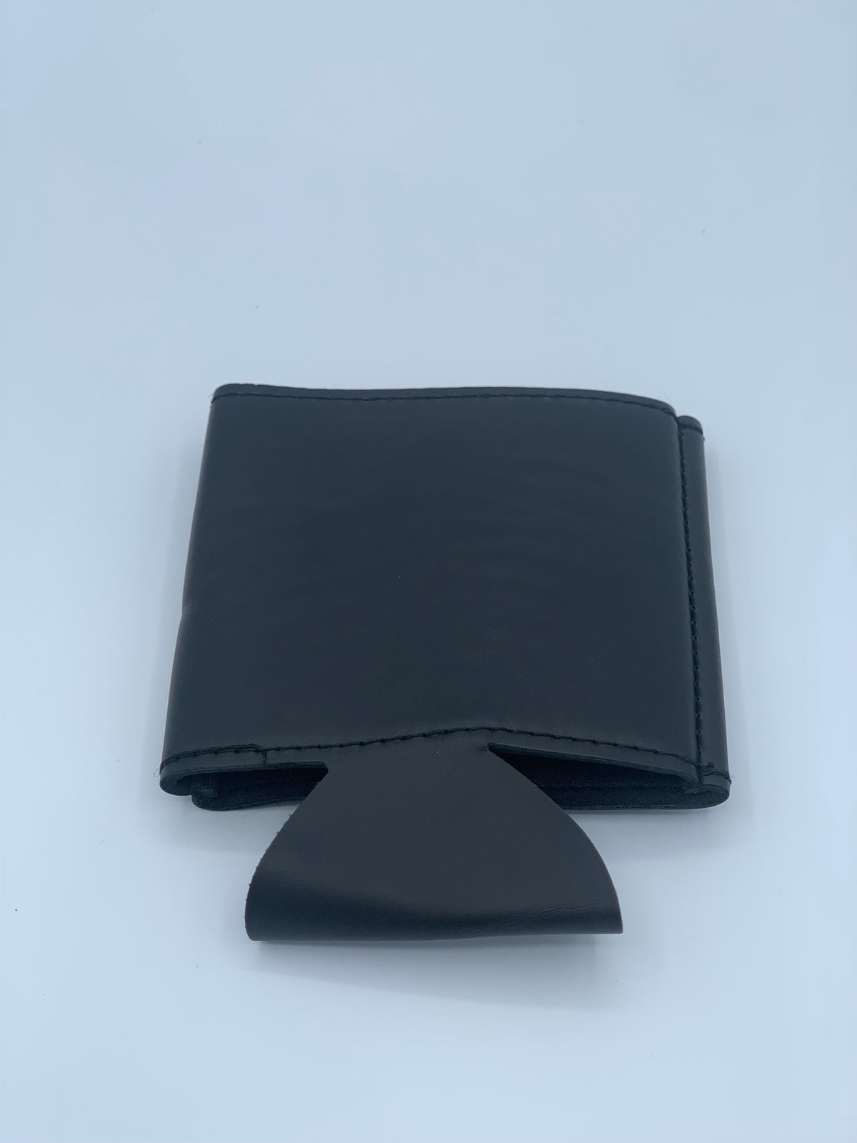 Front view of the Standard Black leatherette can cooler before personalization.