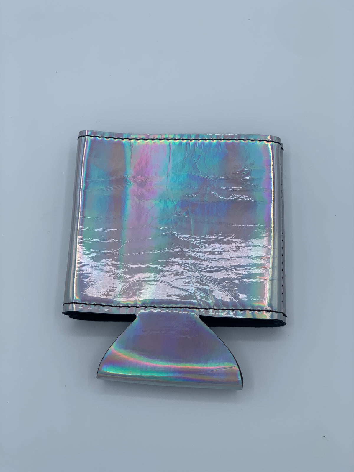 Front view of the Standard Holographic leatherette can cooler showing its reflective specialty finish.