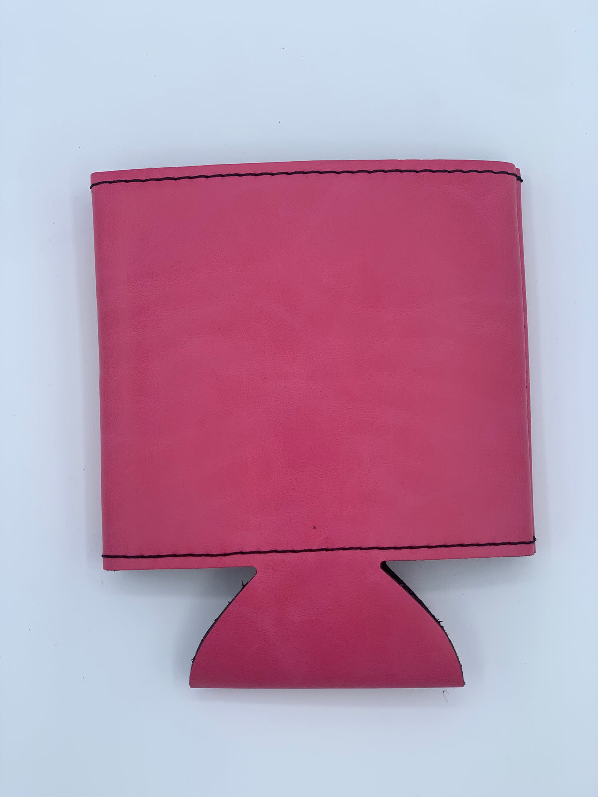 Front view of the Standard Primrose Pink leatherette can cooler before personalization.
