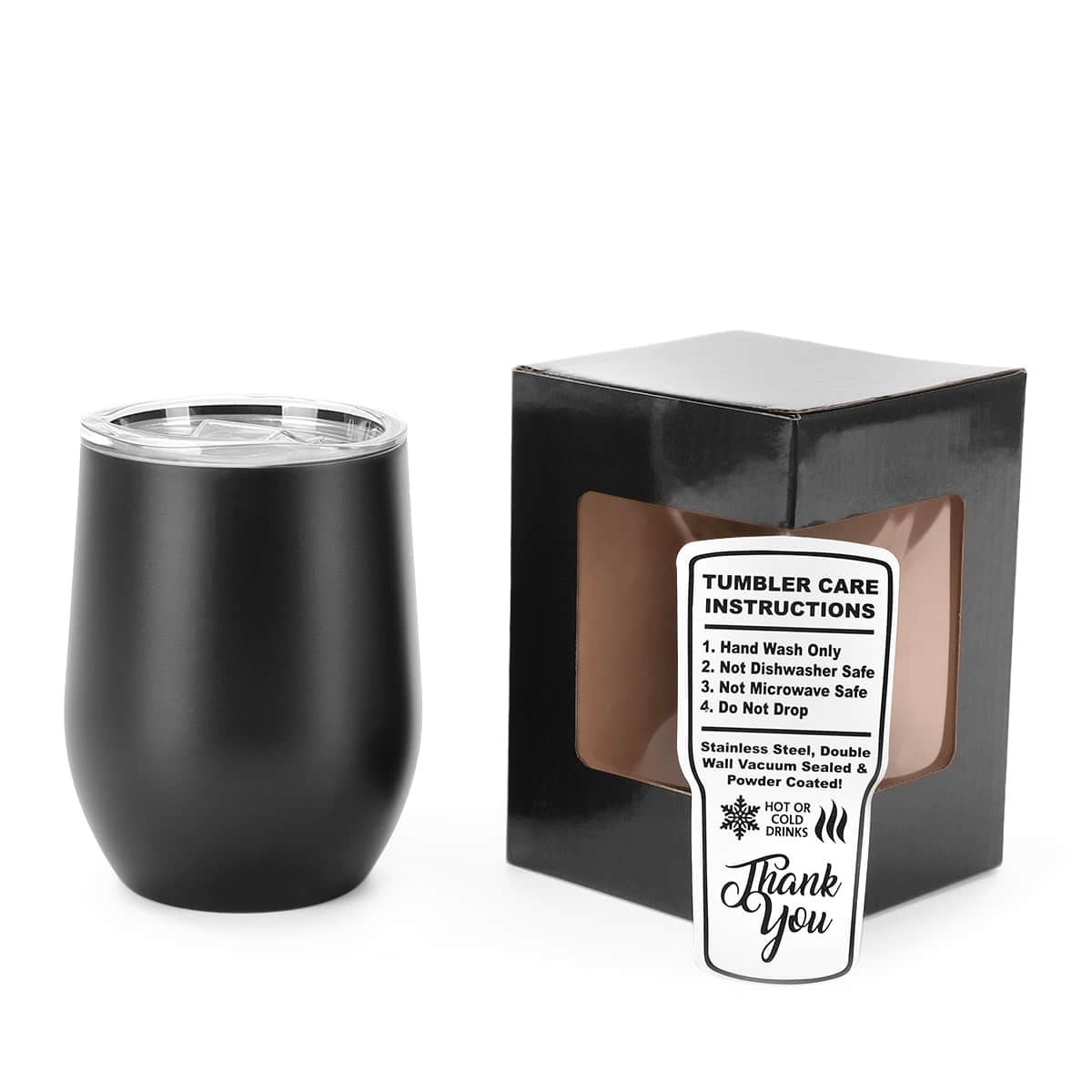 Black 12 oz stainless steel wine tumbler shown with included gift-ready box and care card.