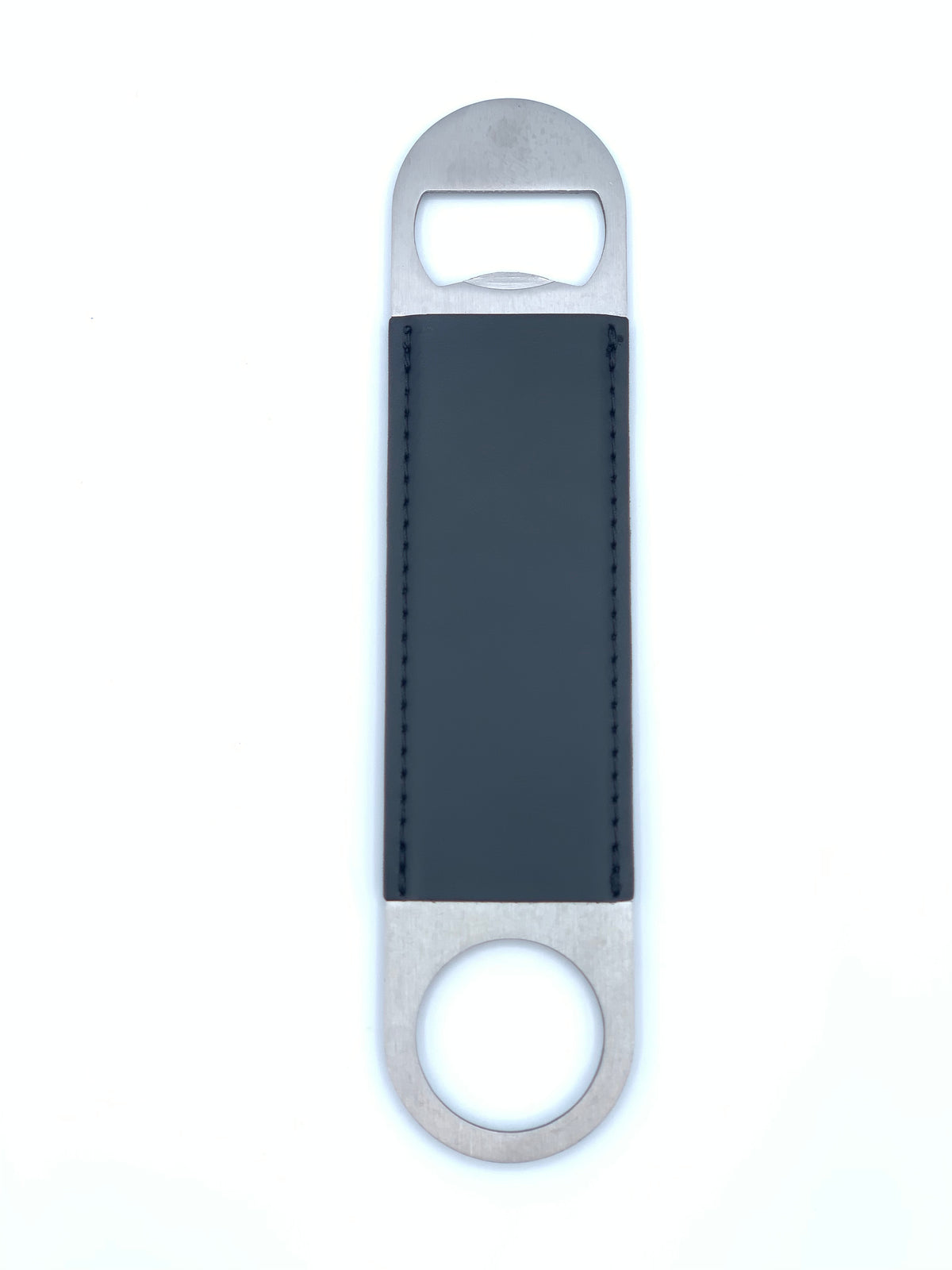 Black leatherette bar key bottle opener ready for custom personalization.