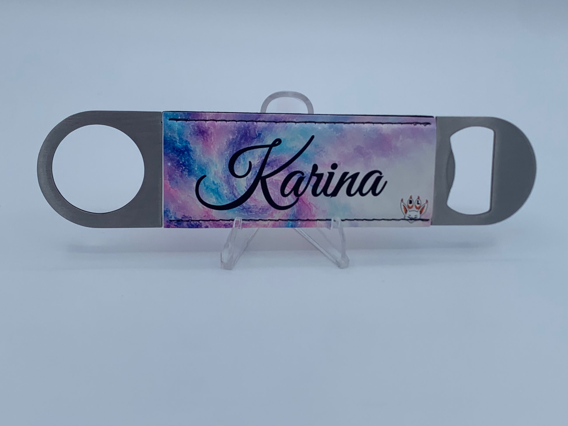 Custom leatherette bar key bottle opener personalized with a name and colorful UV-printed artwork.