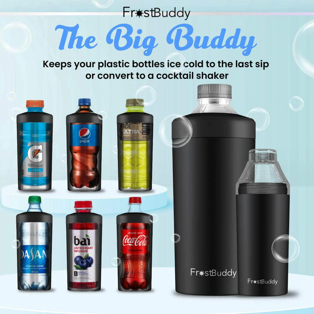 FrostBuddy Big Buddy bottle cooler showing examples of compatible bottled beverages and included lids.