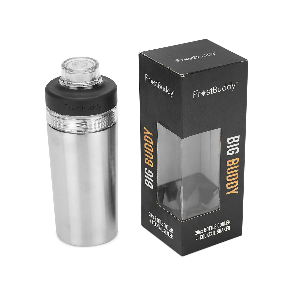 Stainless steel FrostBuddy Big Buddy shown with its black window display gift box.