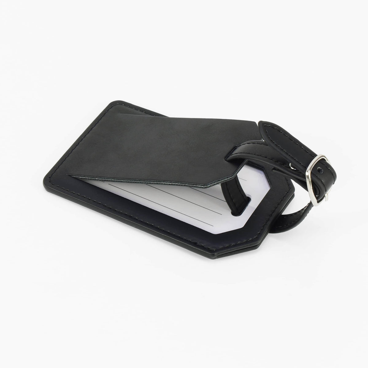 Black leatherette luggage tag showing the privacy flap, identification card holder, and adjustable strap.