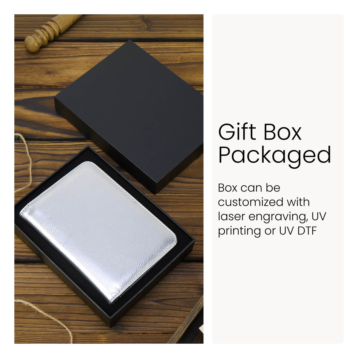 Personalized passport wallet gift-ready packaging with black box and protective foam insert.