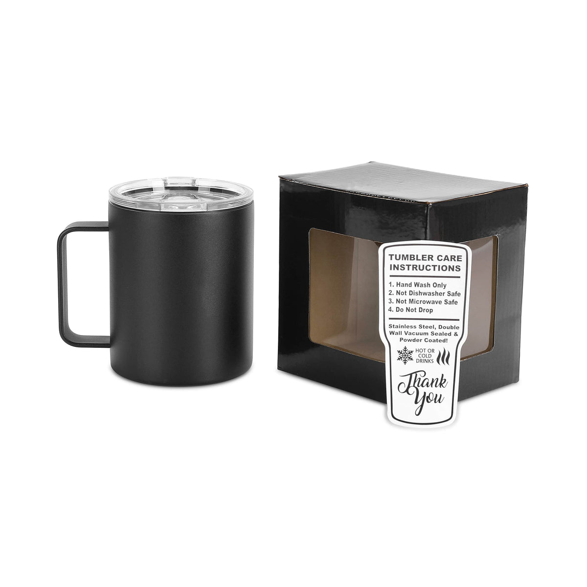 Black 12 oz vacuum-insulated stainless steel camper mug ready for personalization.