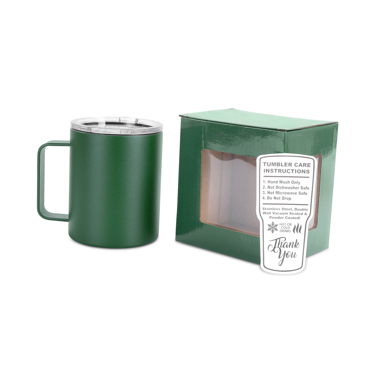 Green 12 oz vacuum-insulated stainless steel camper mug ready for personalization.