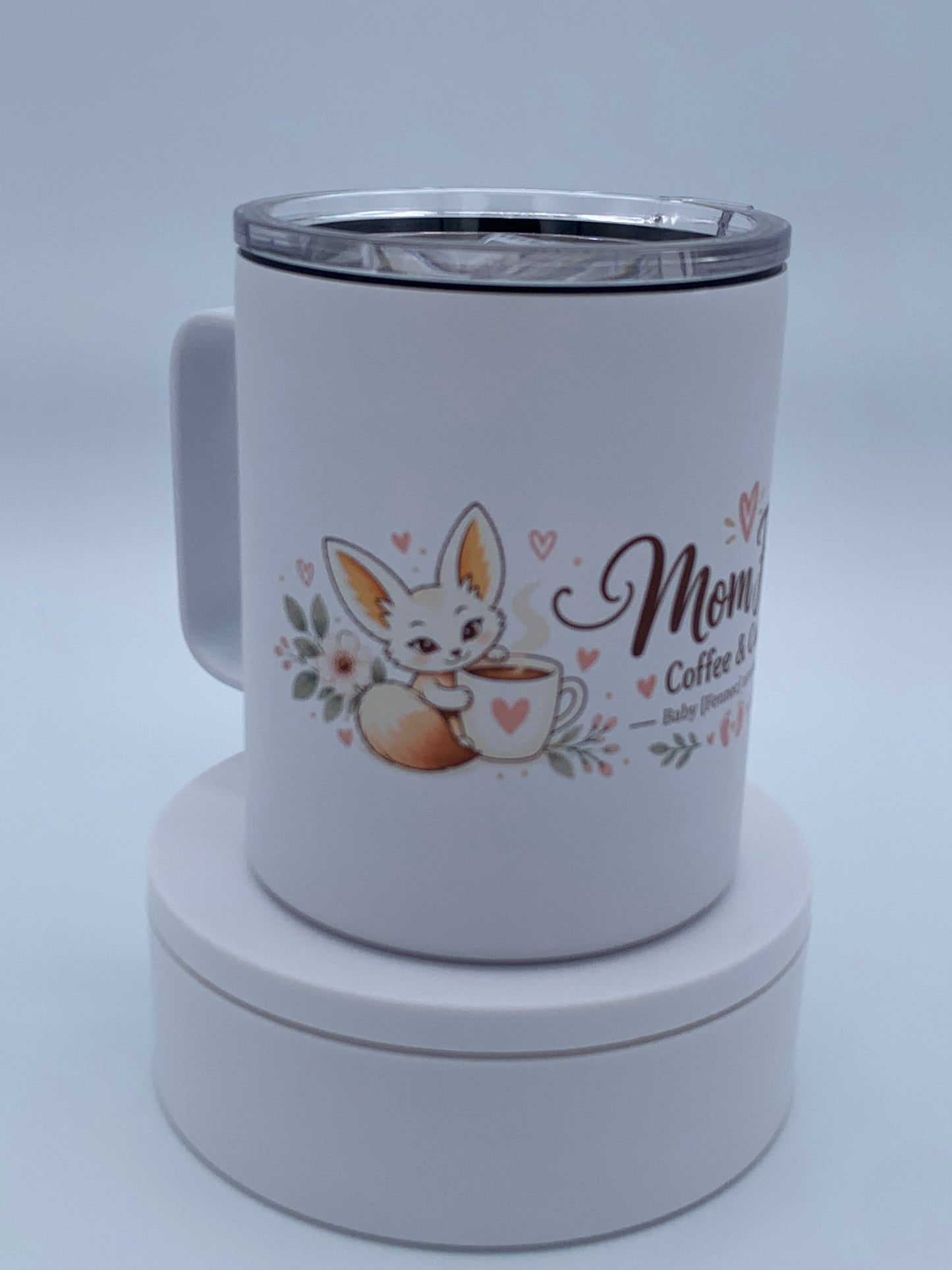 White personalized 12 oz camper mug with custom Mom Fuel artwork and floral details.
