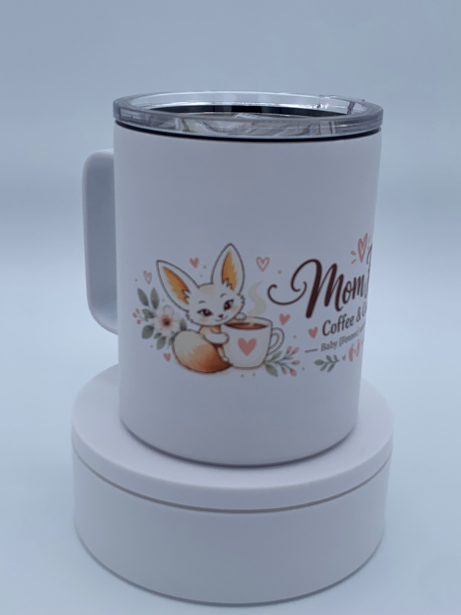 White personalized 12 oz camper mug with custom Mom Fuel artwork and floral details.