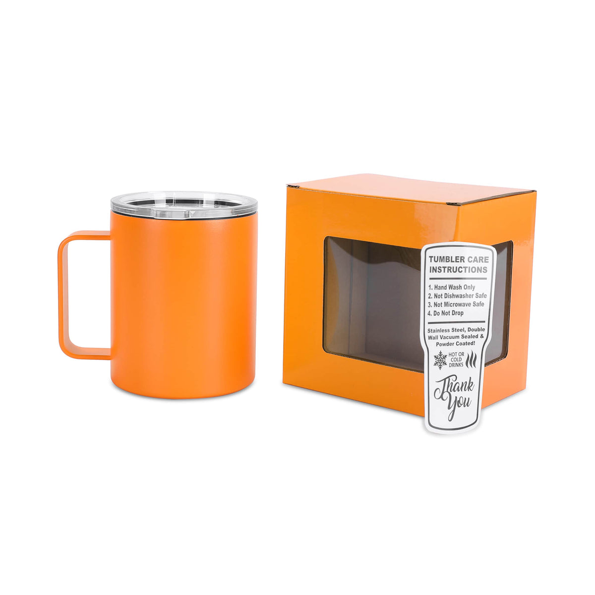 Orange 12 oz vacuum-insulated stainless steel camper mug ready for personalization.