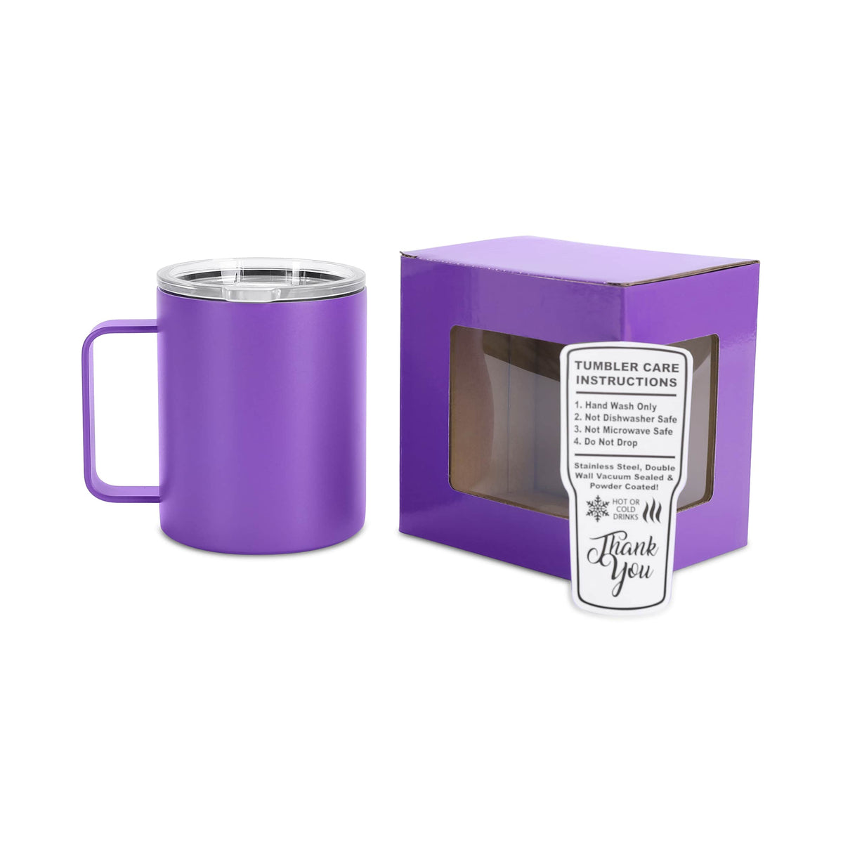 Purple 12 oz vacuum-insulated stainless steel camper mug ready for personalization.