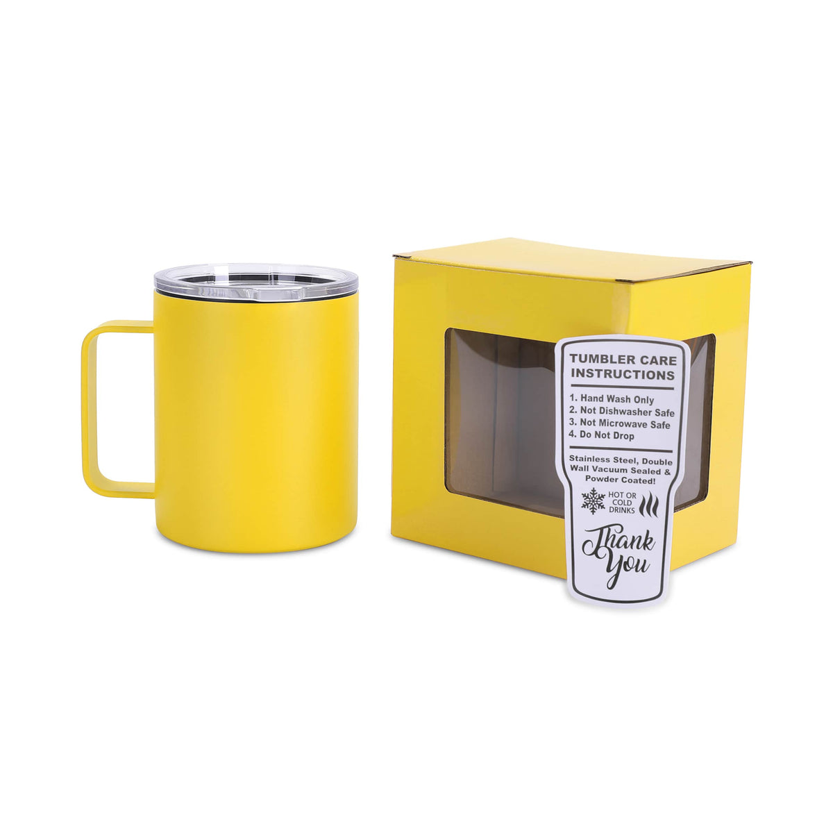 Yellow 12 oz vacuum-insulated stainless steel camper mug ready for personalization.