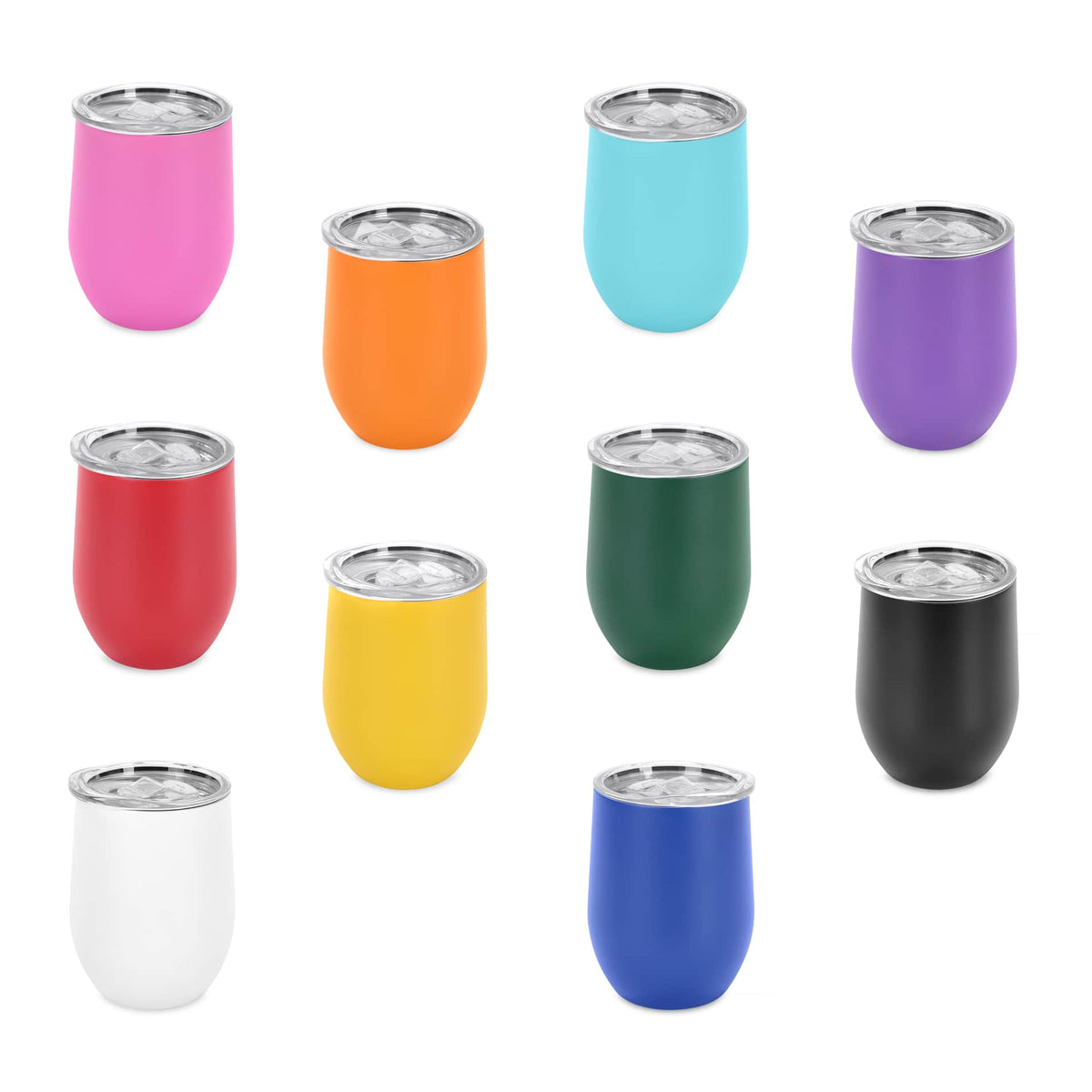 Personalized 12 oz wine tumblers shown in the available 10 color options.