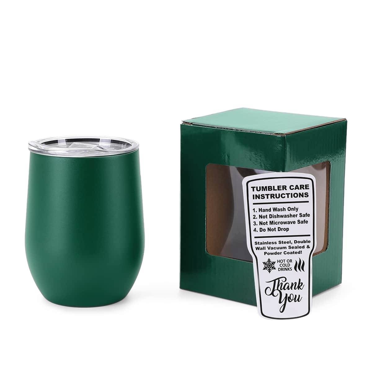 Green 12 oz vacuum-insulated stainless steel wine tumbler ready for personalization.