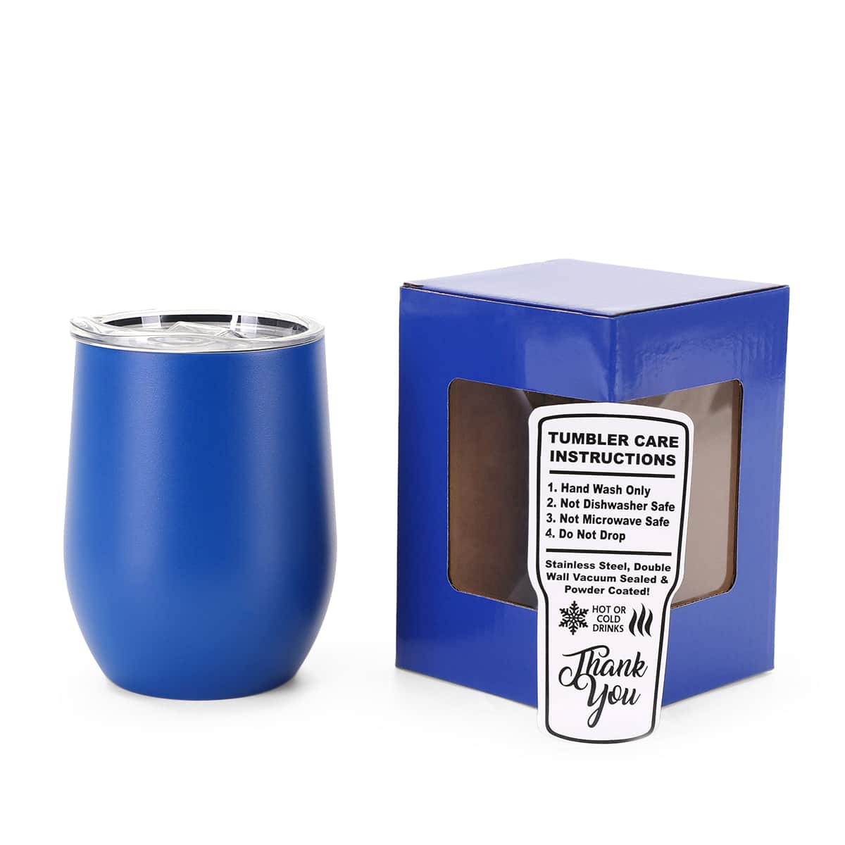 Indigo Blue 12 oz vacuum-insulated stainless steel wine tumbler ready for personalization.
