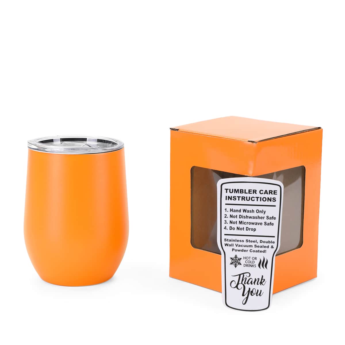 Orange 12 oz vacuum-insulated stainless steel wine tumbler ready for personalization.