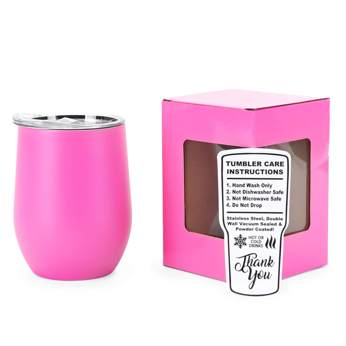 Primrose Pink 12 oz vacuum-insulated stainless steel wine tumbler ready for personalization.