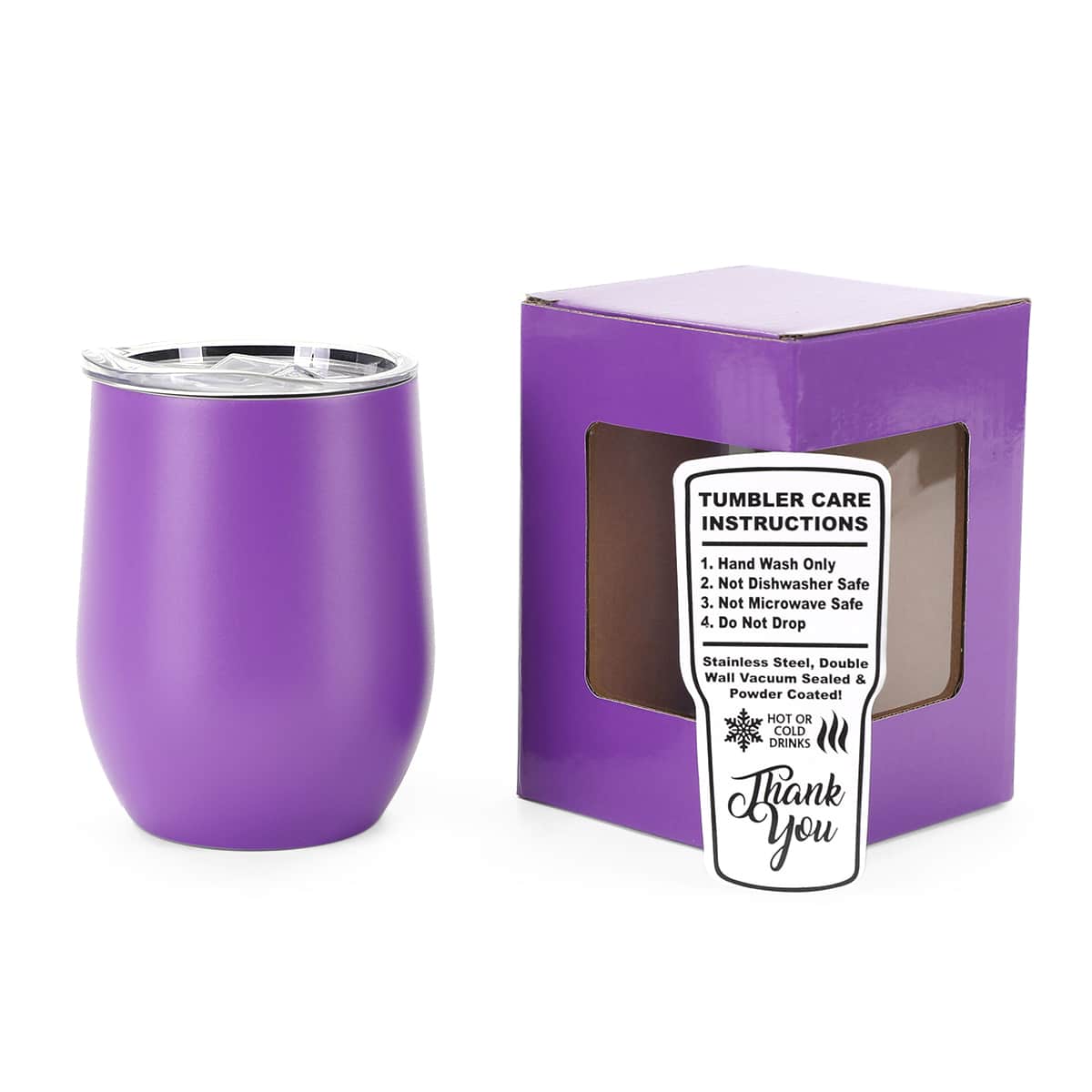 Purple 12 oz vacuum-insulated stainless steel wine tumbler ready for personalization.