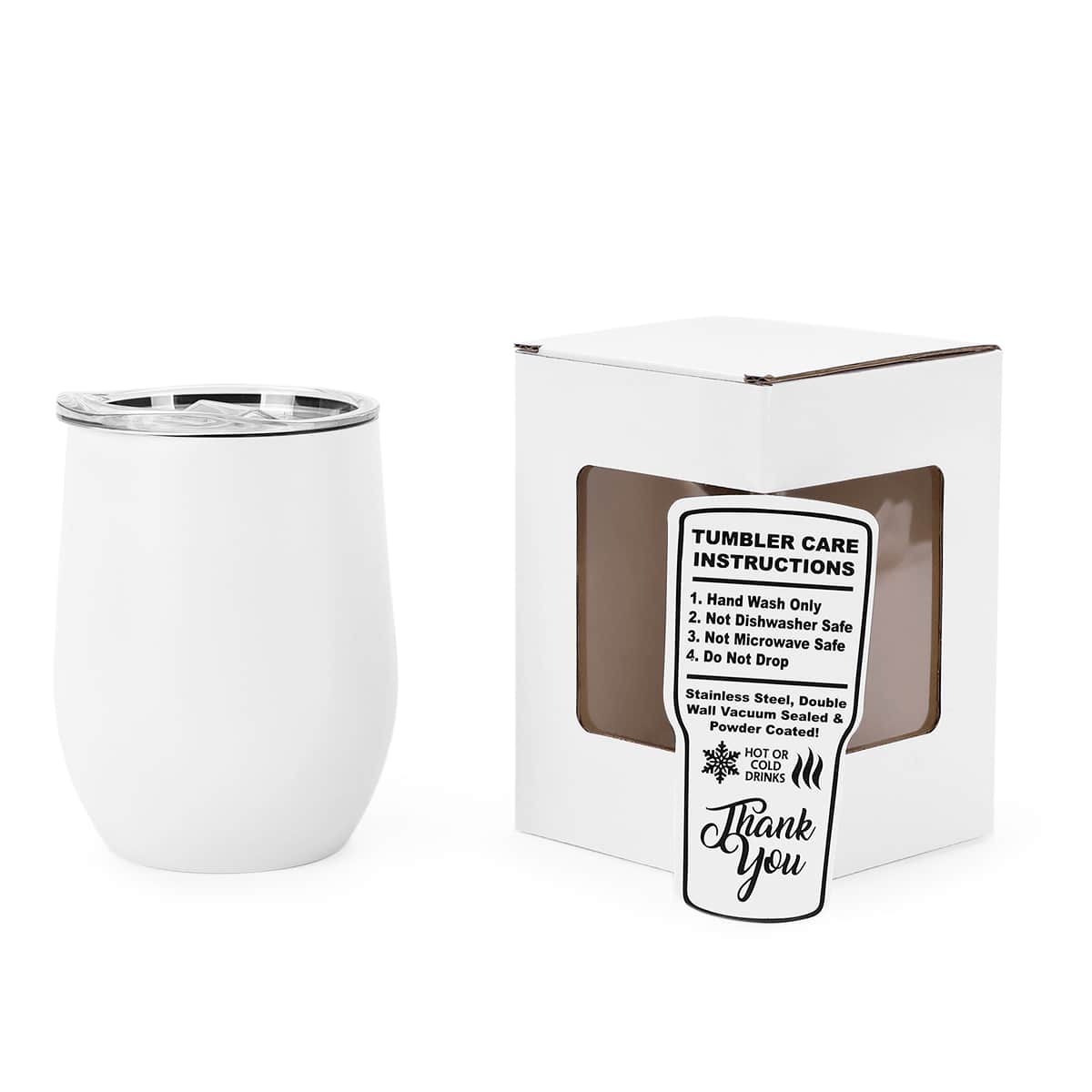 White 12 oz vacuum-insulated stainless steel wine tumbler ready for personalization.