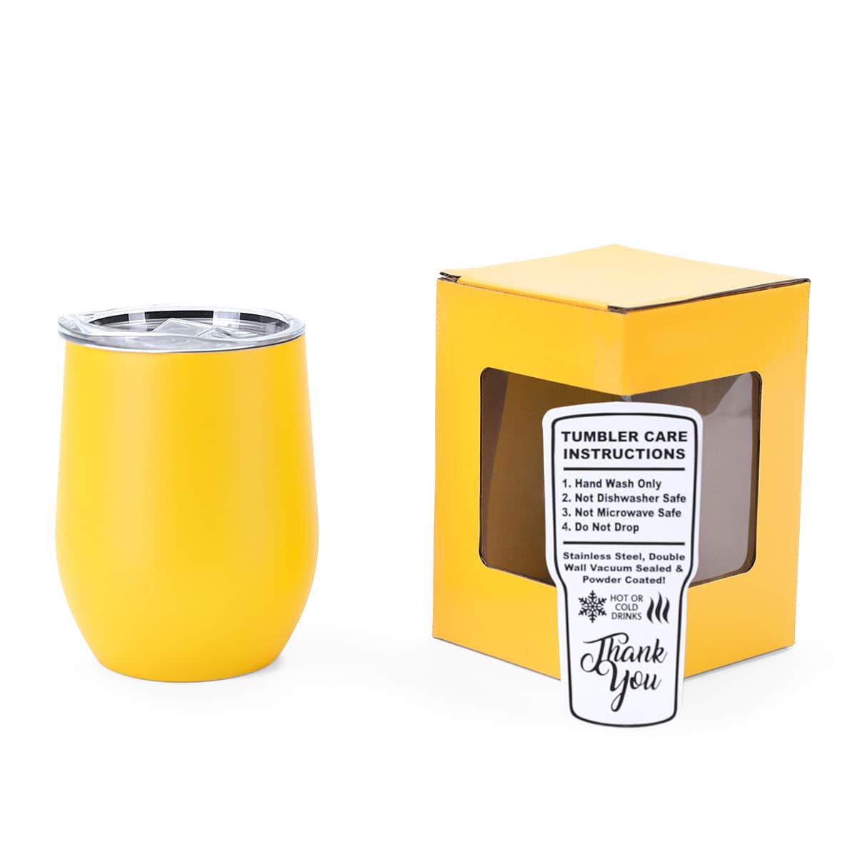 Yellow 12 oz vacuum-insulated stainless steel wine tumbler ready for personalization.