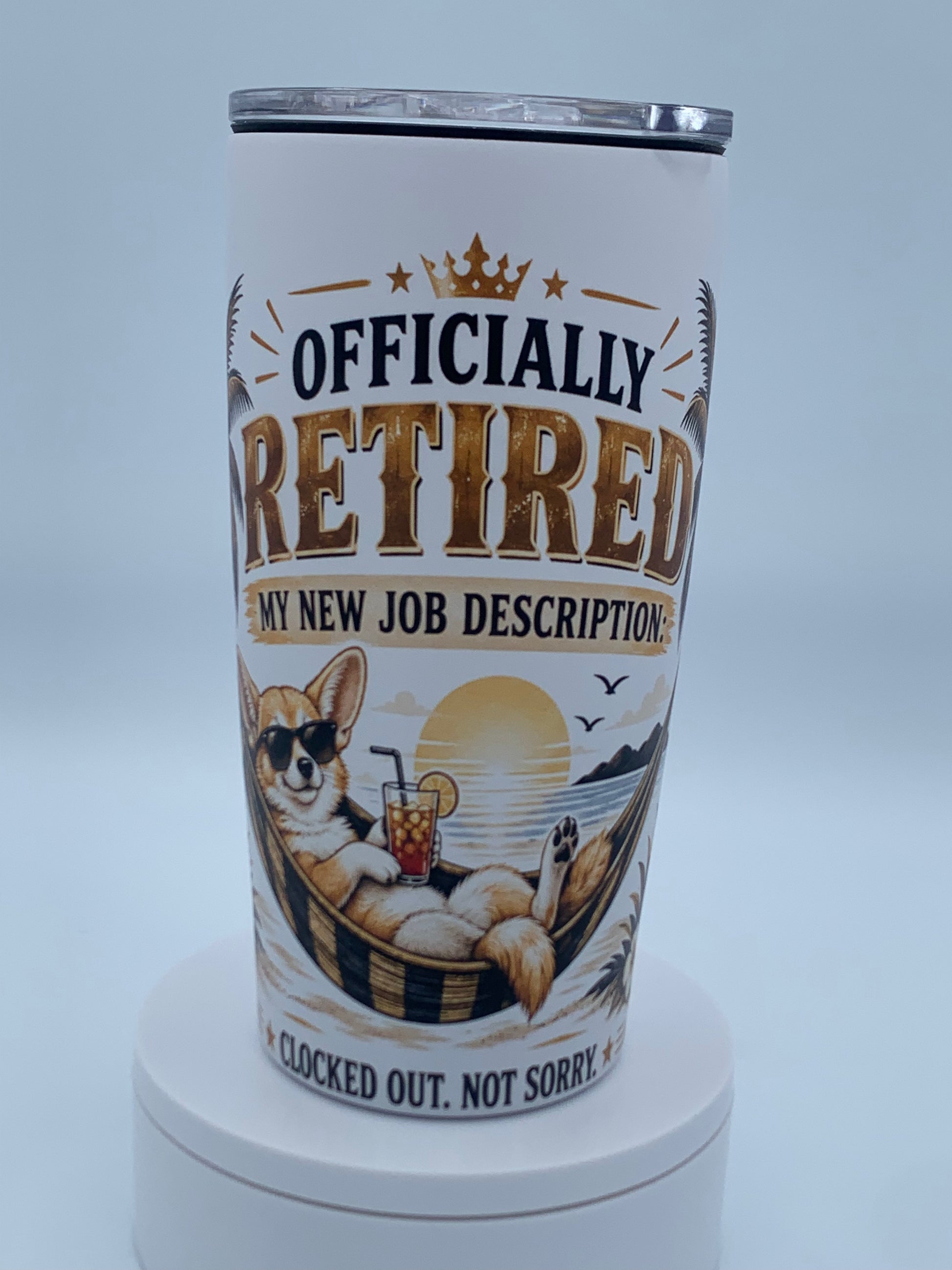 Personalized white 20 oz Classic Tumbler with retirement design by Fennec Creations.