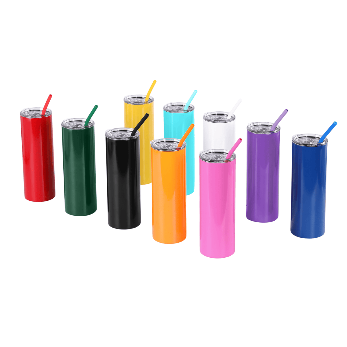 20 oz slim tumbler color options including red, green, black, yellow, teal, white, orange, pink, purple, and blue.