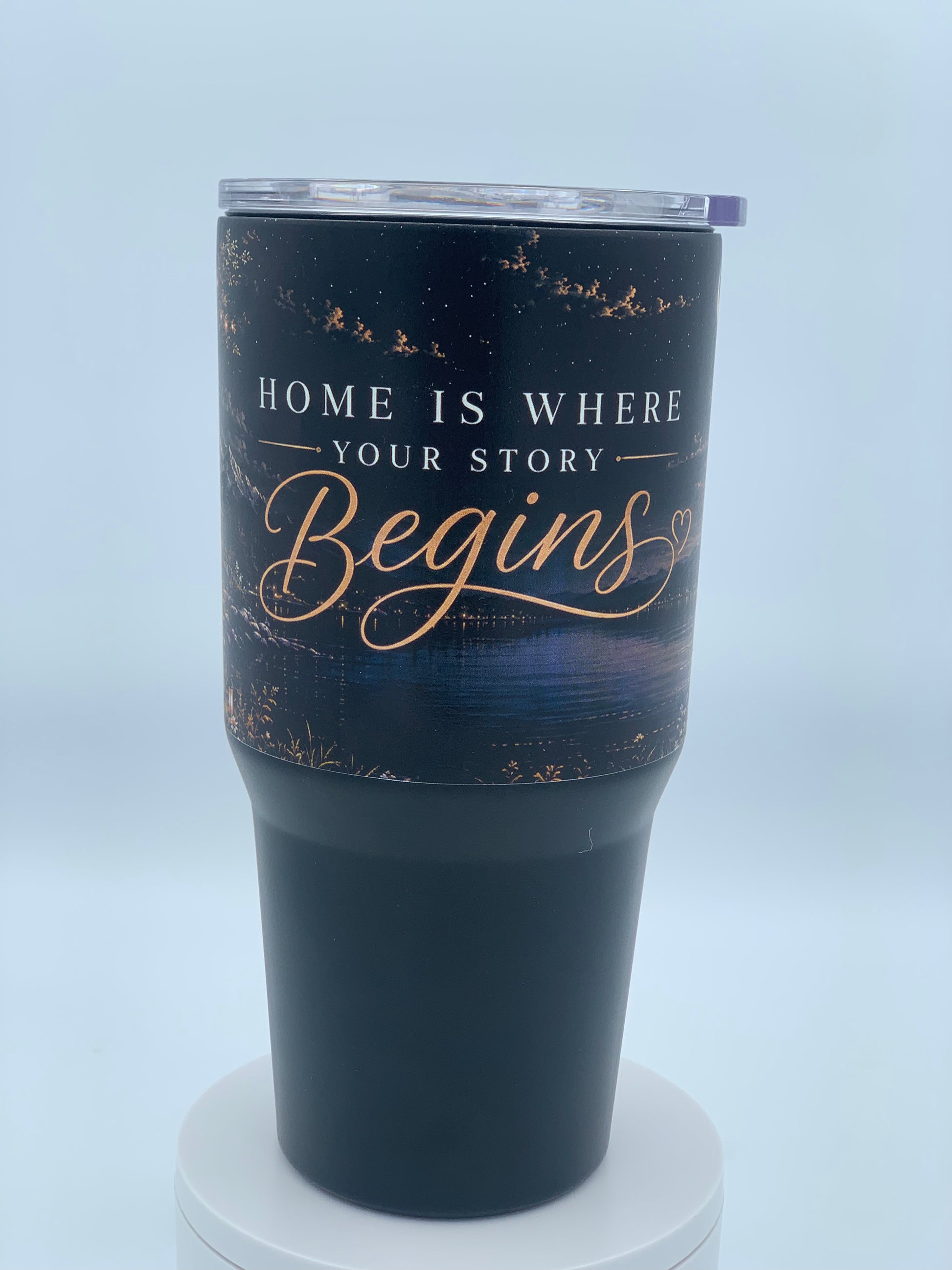 Personalized 30 oz Classic Tumbler with Home Is Where Your Story Begins design by Fennec Creations.