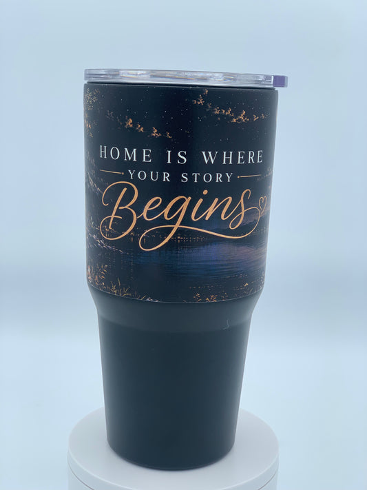Personalized 30 oz Classic Tumbler with Home Is Where Your Story Begins design by Fennec Creations.