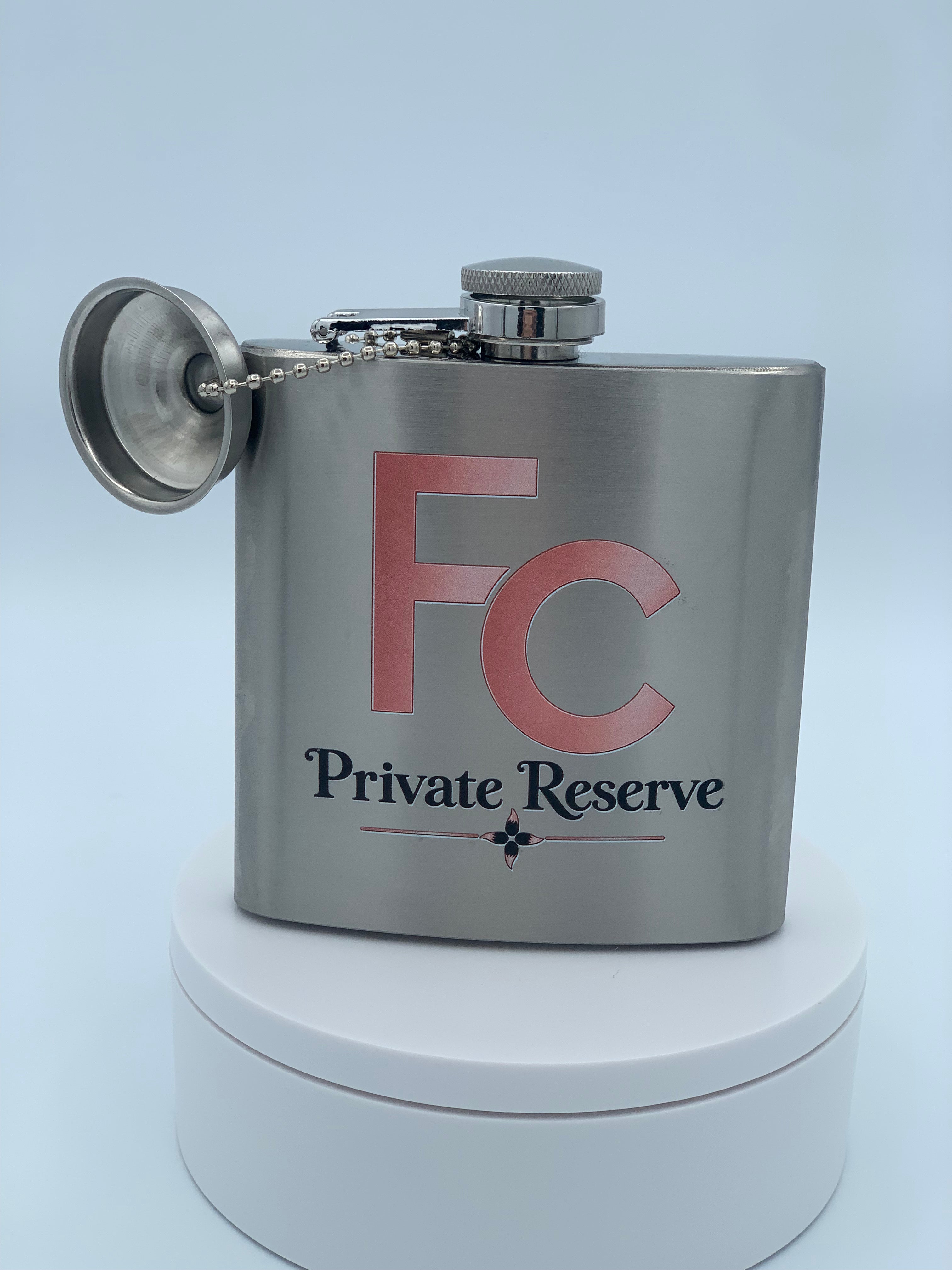 Personalized 6 oz stainless steel flask with custom Fennec Creations Private Reserve design and attached funnel.