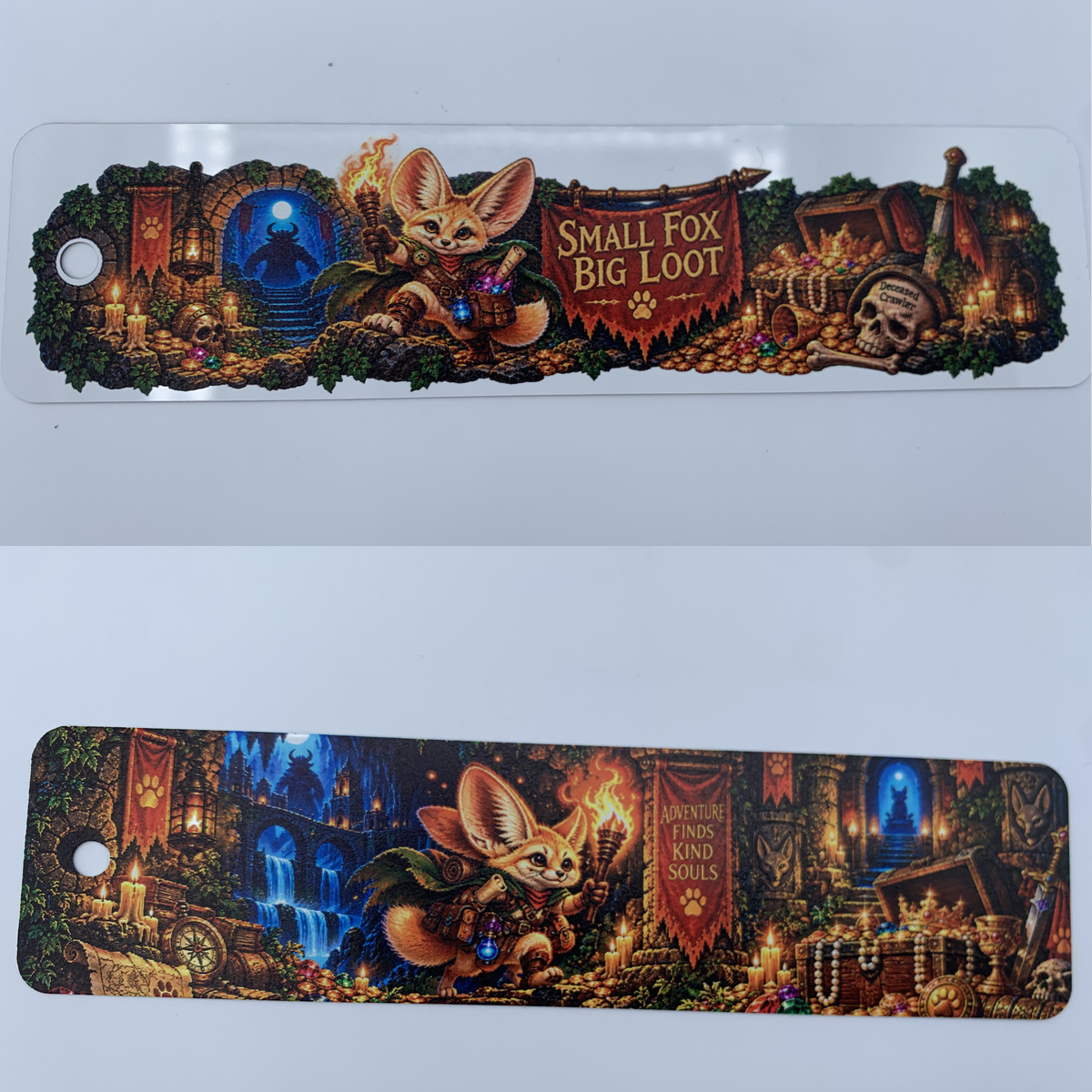 Personalized aluminum bookmark featuring colorful custom fox artwork