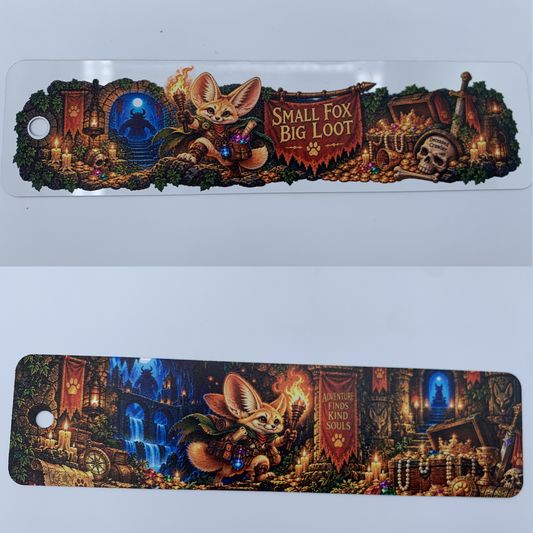Personalized aluminum bookmark featuring colorful custom fox artwork