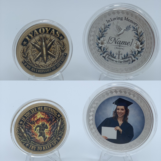 Personalized challenge coins with custom memorial, graduation, and commemorative designs