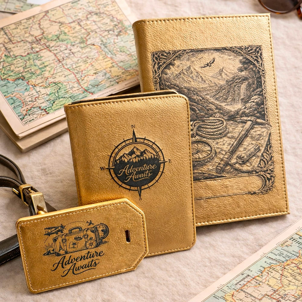 Coordinating personalized leatherette luggage tag, passport wallet, and travel accessories in a matching finish.