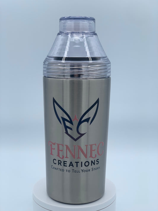 Personalized stainless steel FrostBuddy Big Buddy bottle cooler and cocktail shaker printed by Fennec Creations.