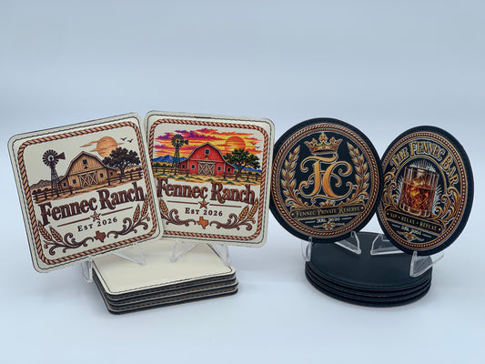 Personalized leatherette coaster sets in round and square shapes with custom printed designs