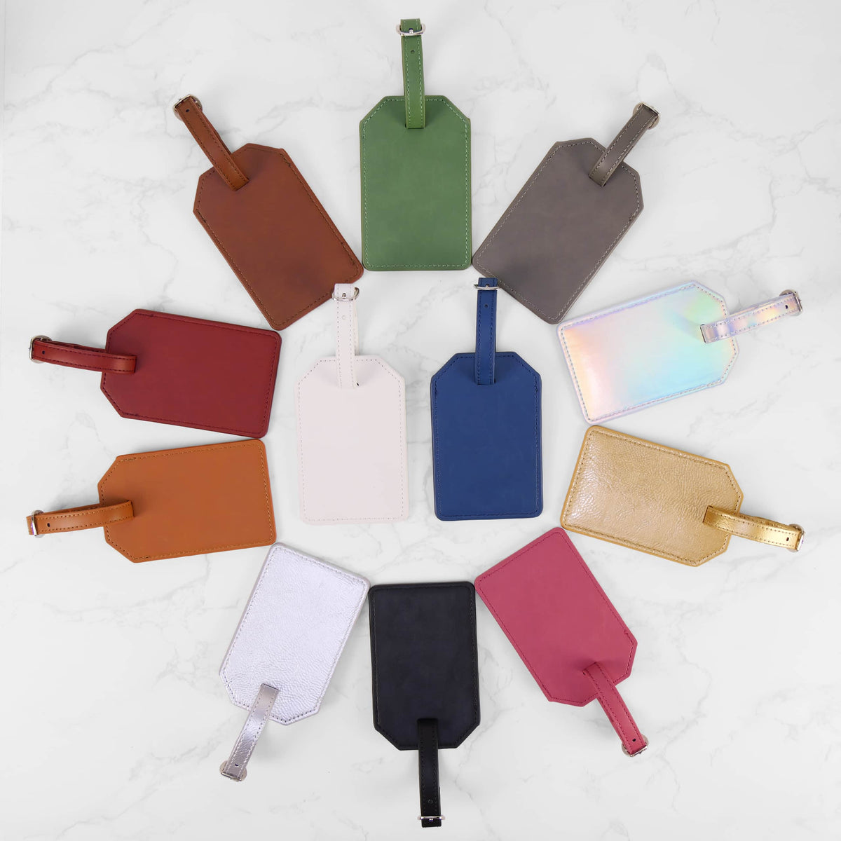 Leatherette luggage tags shown in Core Colors and Signature Finishes for personalization.