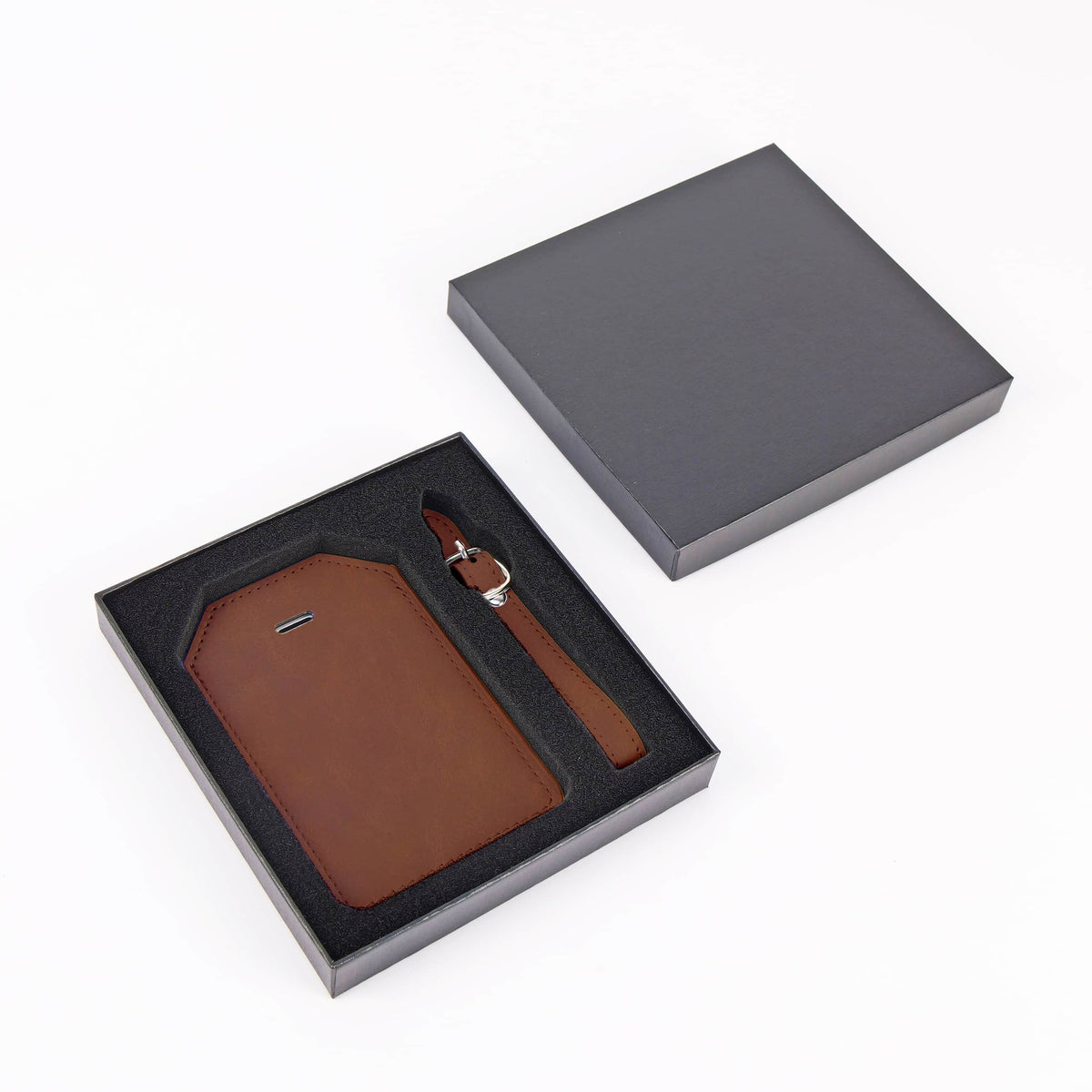 Buckskin Brown leatherette luggage tag with privacy flap and strap ready for personalization.