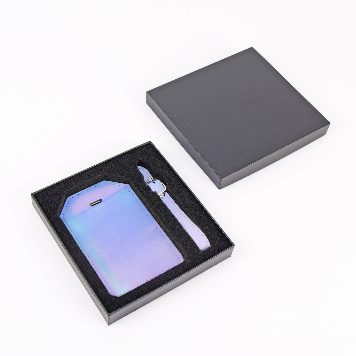 Holographic leatherette luggage tag Signature Finish with privacy flap and strap.