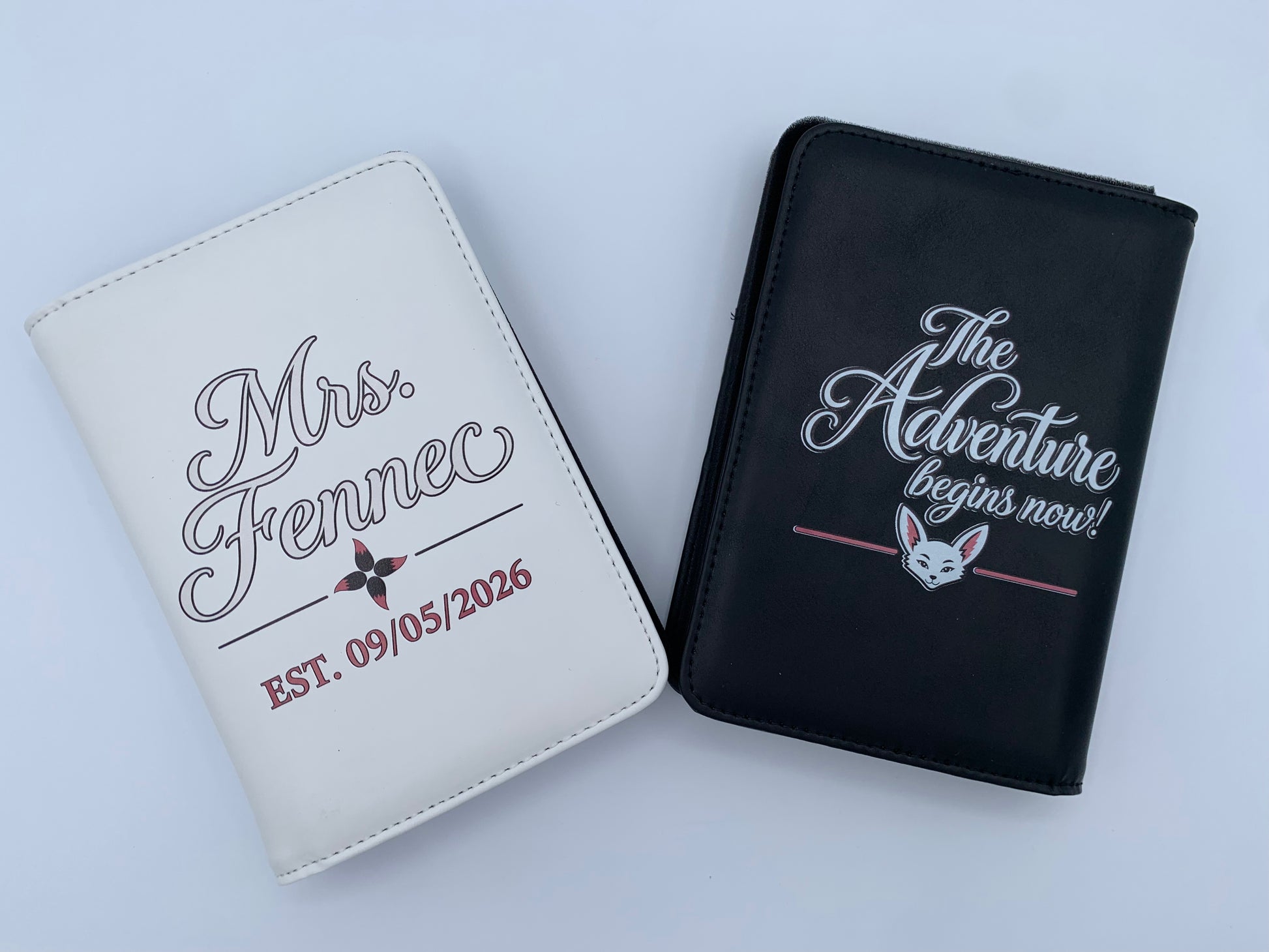 Personalized black and white RFID-blocking passport wallets with custom Fennec travel and wedding designs.