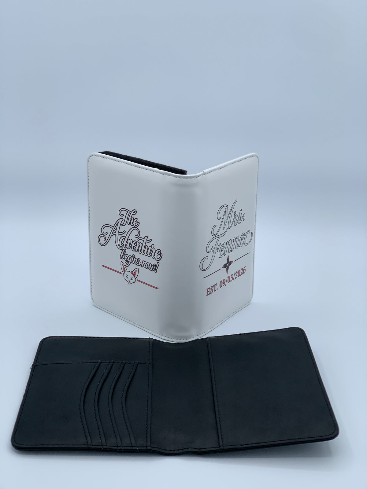 Open RFID-blocking passport wallet showing interior card and passport storage with a personalized white travel wallet.