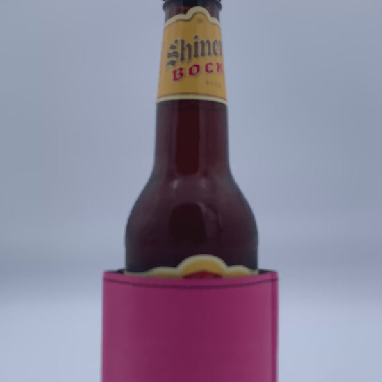 Personalized leatherette bar key bottle opener shown opening a bottled beverage.