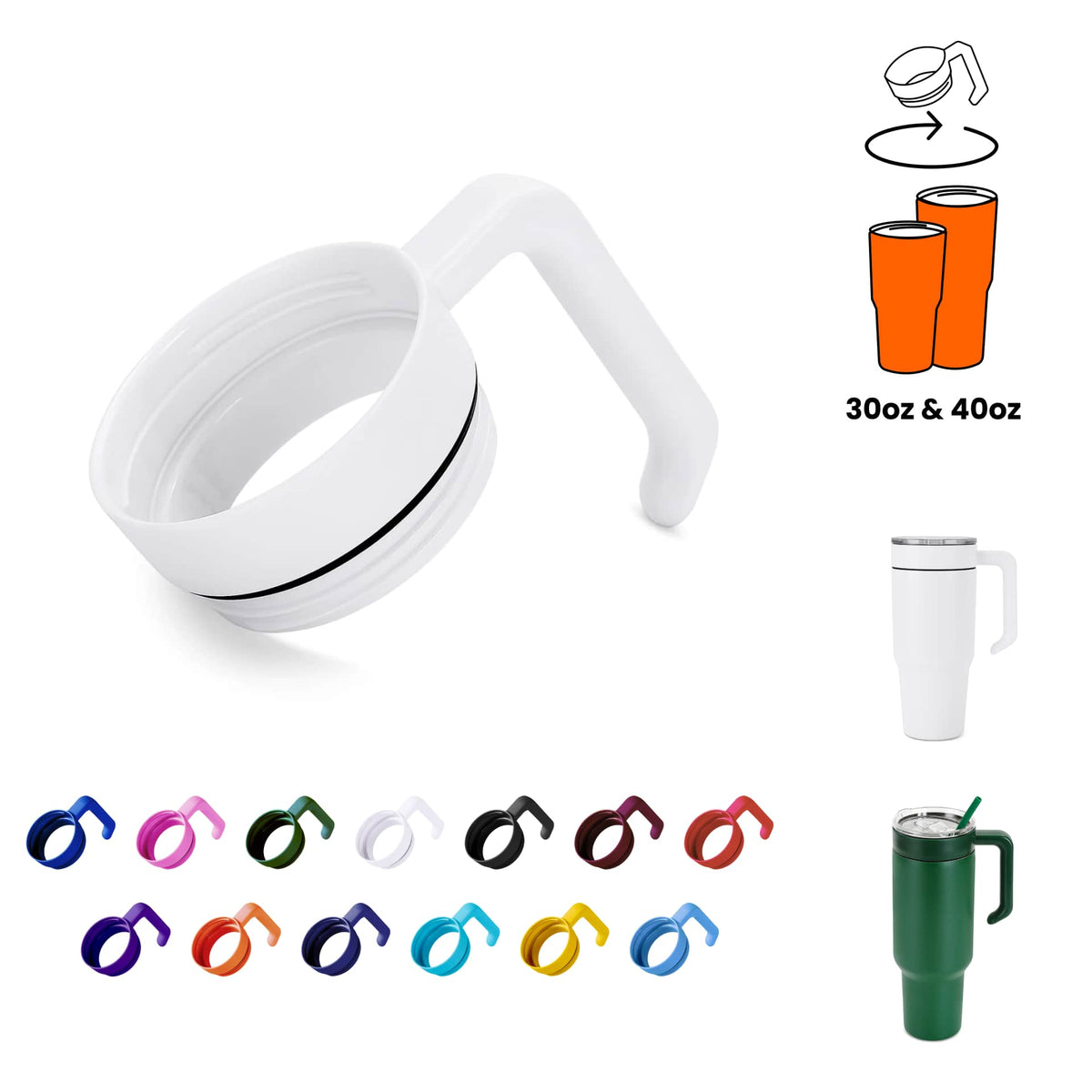 Removable tumbler handle for Fennec Creations 30 oz and 40 oz tumblers, available in 10 colors.