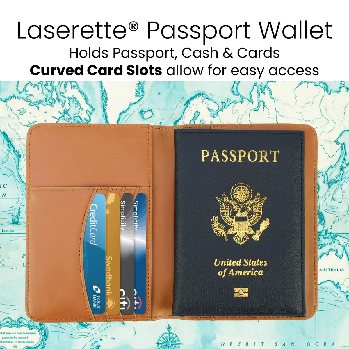 RFID-blocking passport wallet with passport pocket, curved card slots, and cash storage.