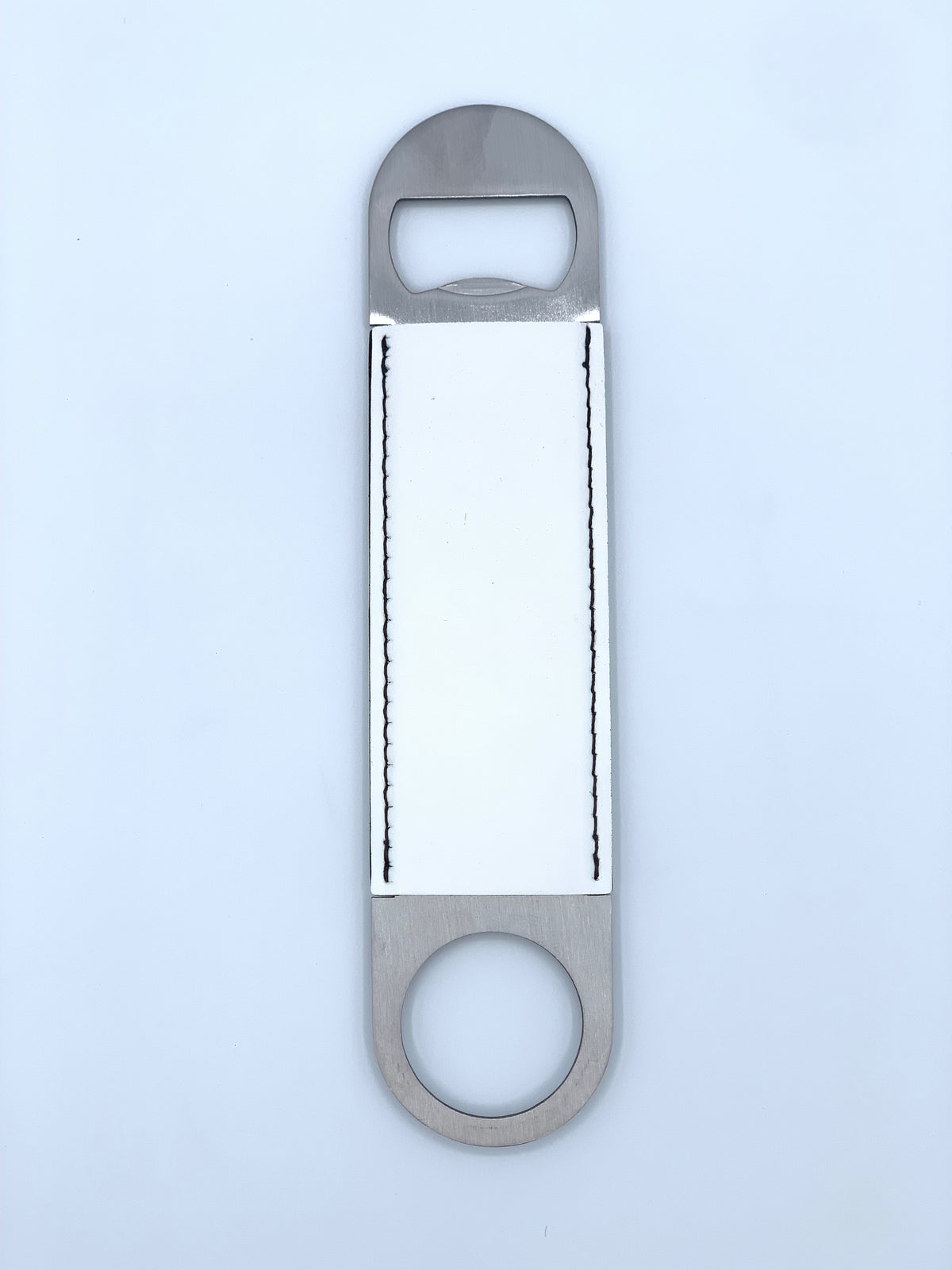 White leatherette bar key bottle opener ready for custom UV-printed personalization.